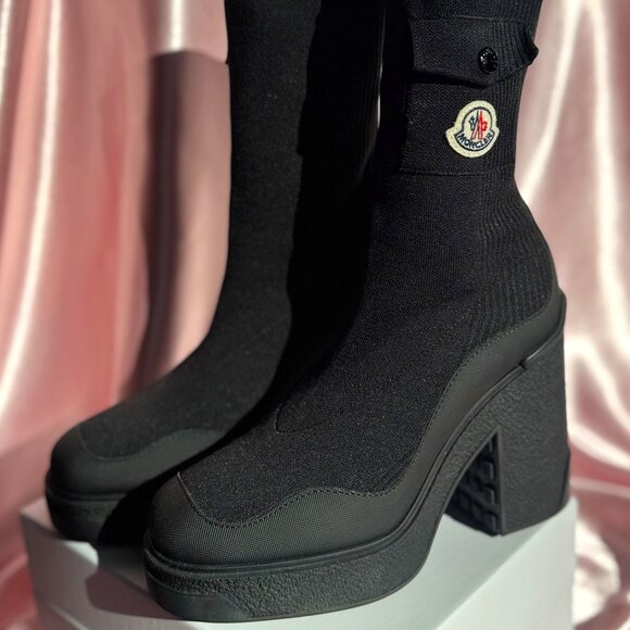 Moncler Splora Pocket Black Sock Bootie Fashion Chunky Block Platform Heel Boots - Picture 1 of 11